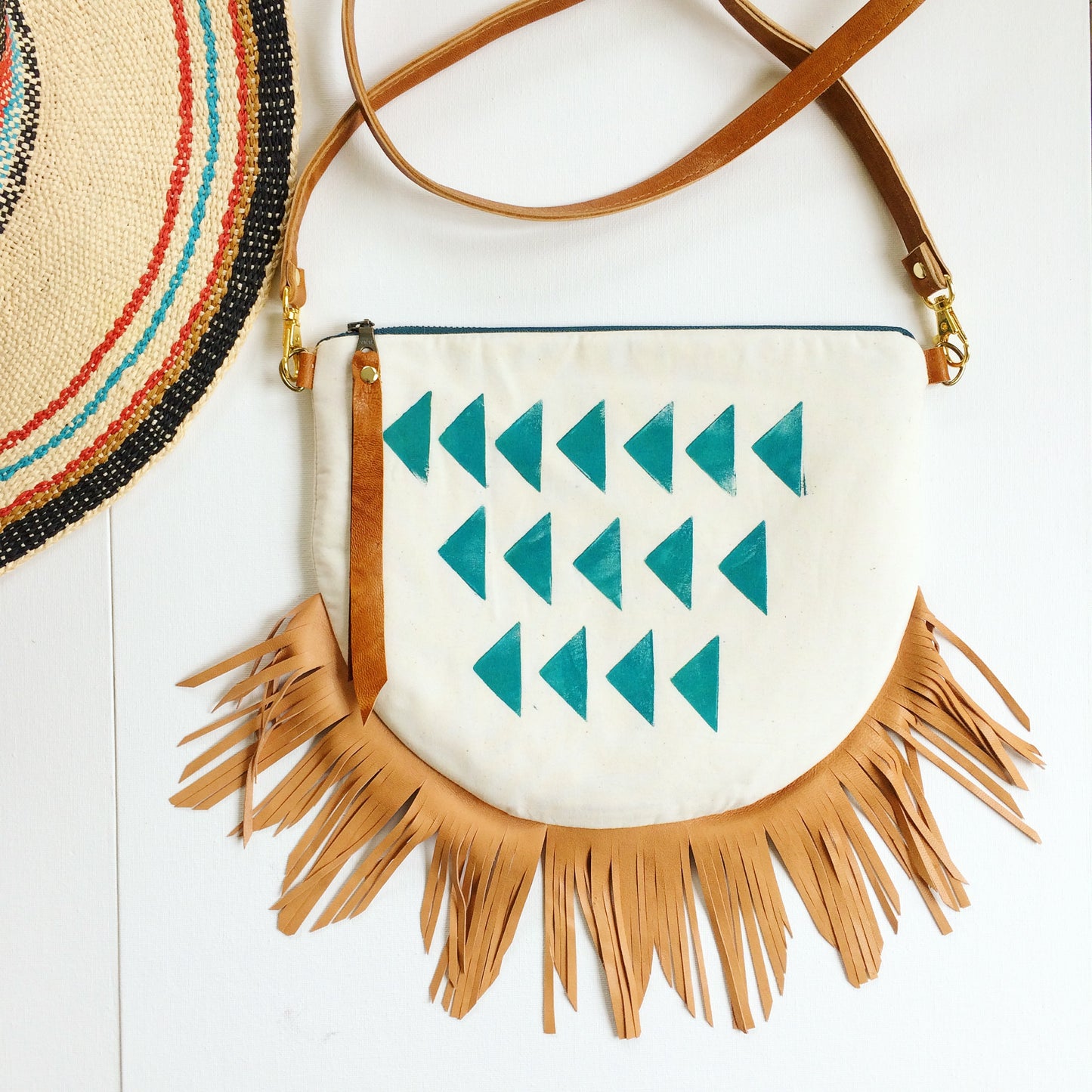 Melmax Design - Teal Triangles Fringe Crossbody Bag - The Desert Paintbrush