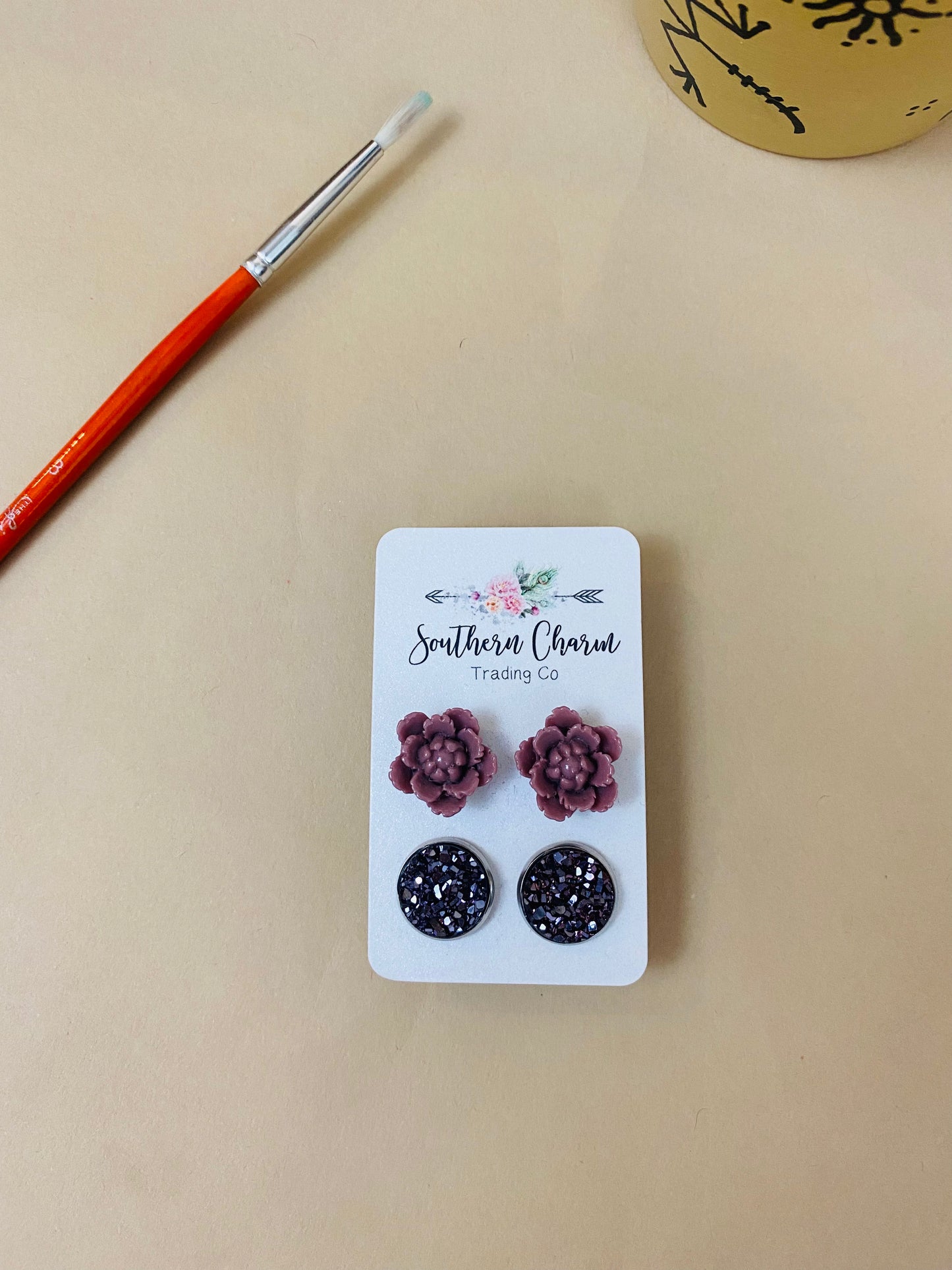 Mauve flower and sparkly plum earring set
