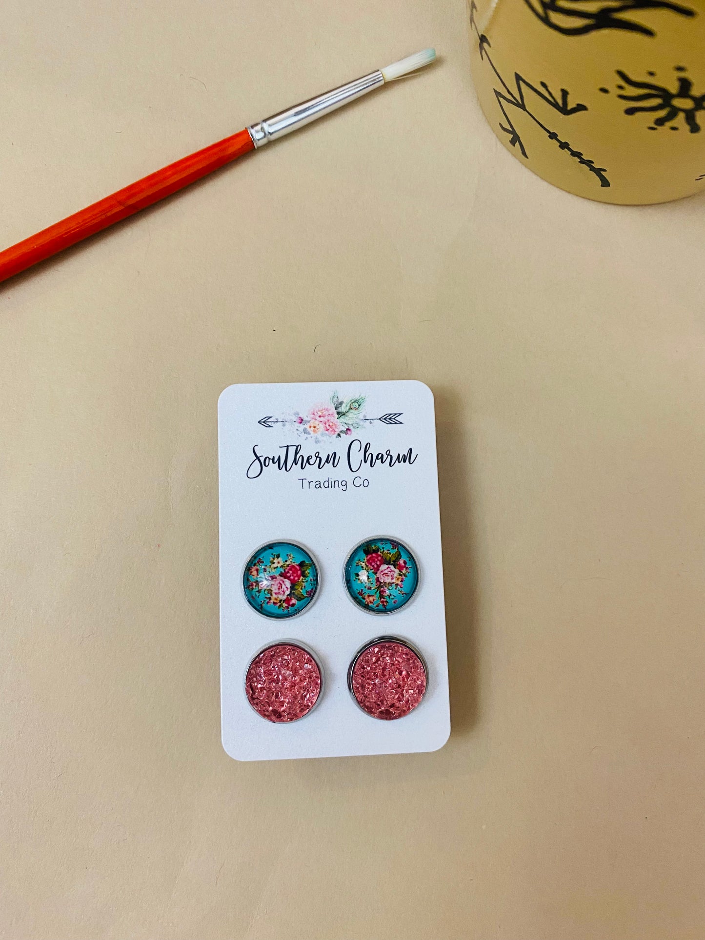 Roses and sparkly pink stud earring set