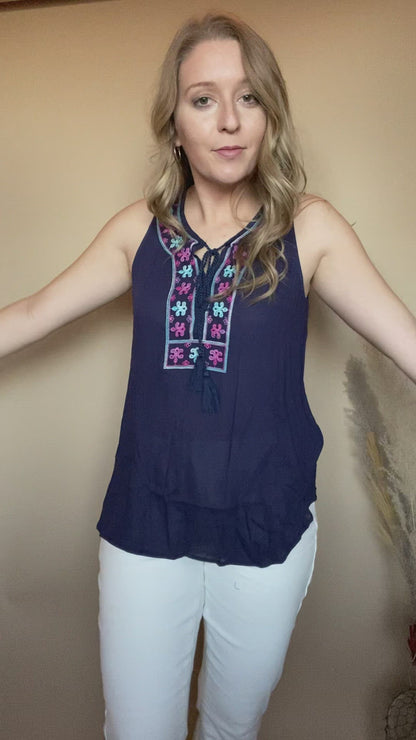 Navy Tie Front Top