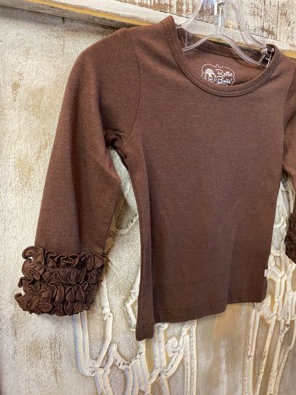 Brown top with ruffle sleeve cuffs
