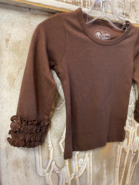 Brown top with ruffle sleeve cuffs