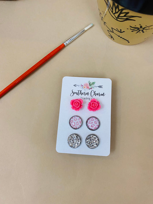 Roses, leopard, and sparkles Three pack stud earrings