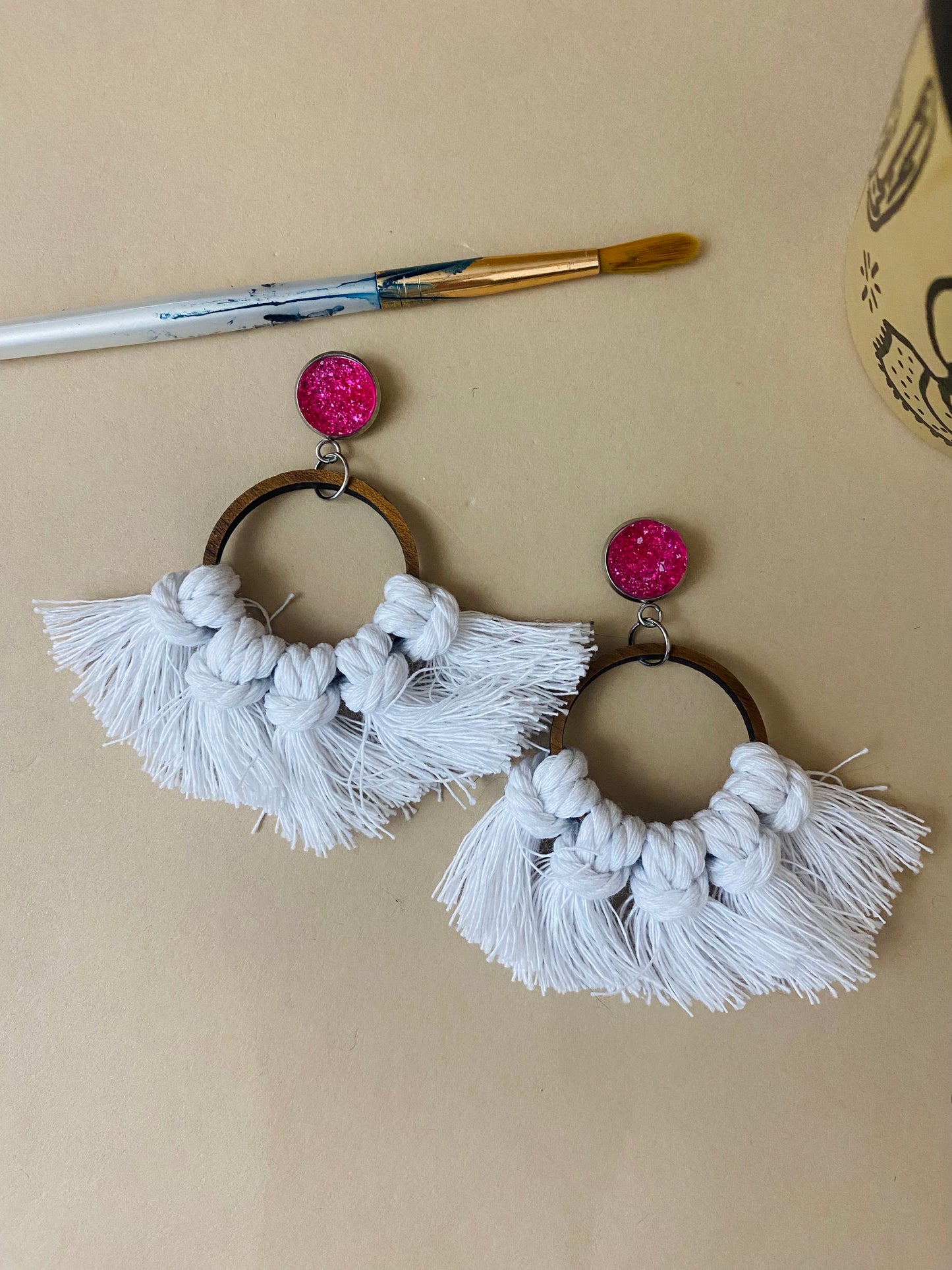 Hot pink and white macrame hoops