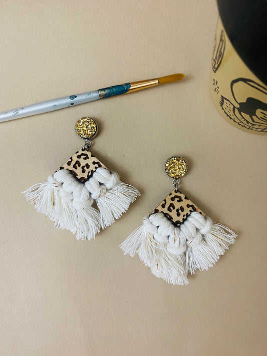Wild Thang White and Gold Macrame Earrings