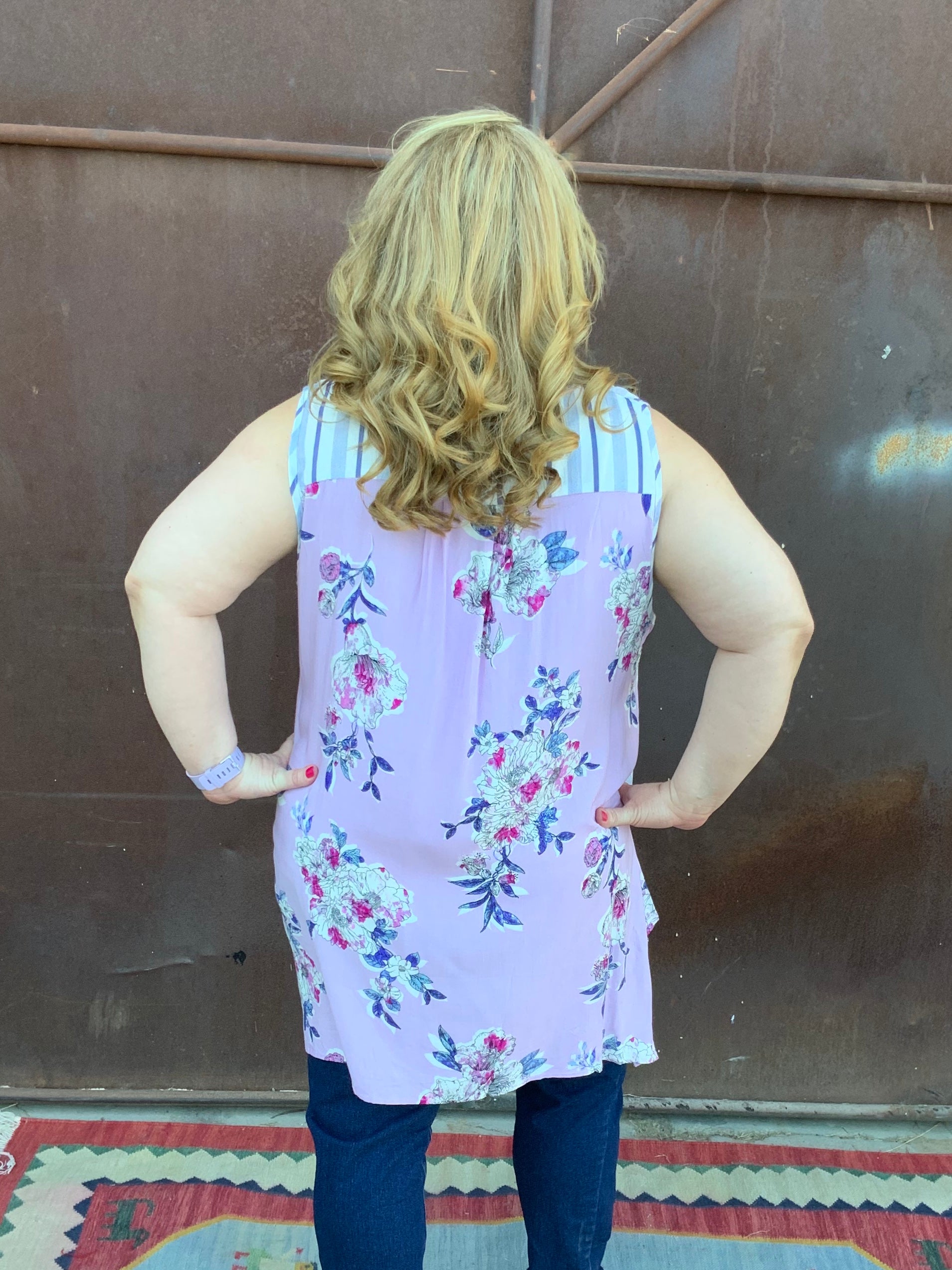 Blue Stripes & Flowers Sleeveless Plus Top - The Desert Paintbrush