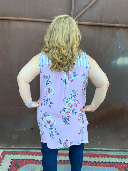 Blue Stripes & Flowers Sleeveless Plus Top - The Desert Paintbrush
