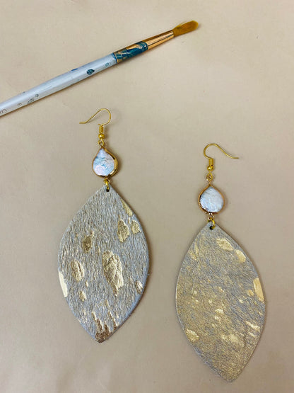 Gold and Cream Leather Hide earring w/ freshwater pearl