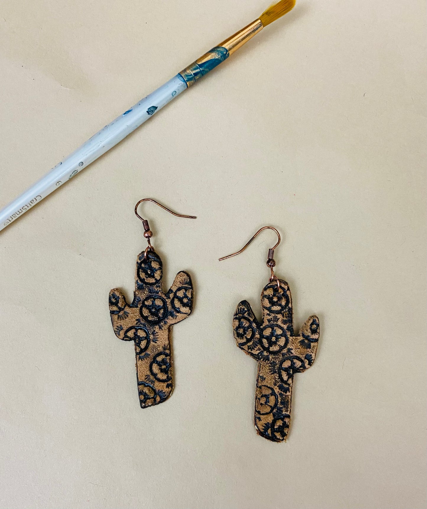 Leather Tooled Cactus Earrings