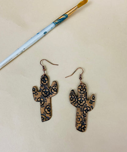 Leather Tooled Cactus Earrings