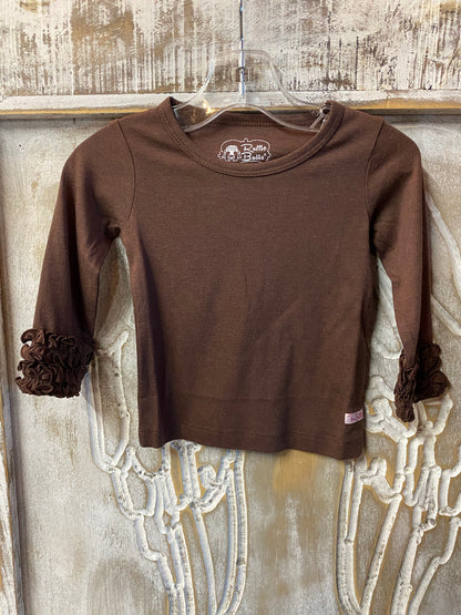 Brown top with ruffle sleeve cuffs