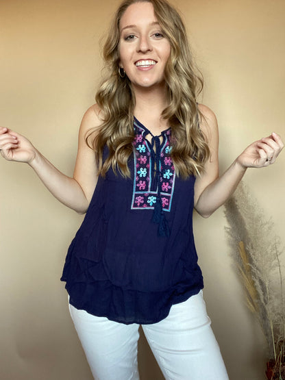 Navy Tie Front Top