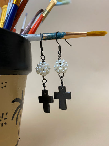 Pearls and Crosses  Metal Earrings