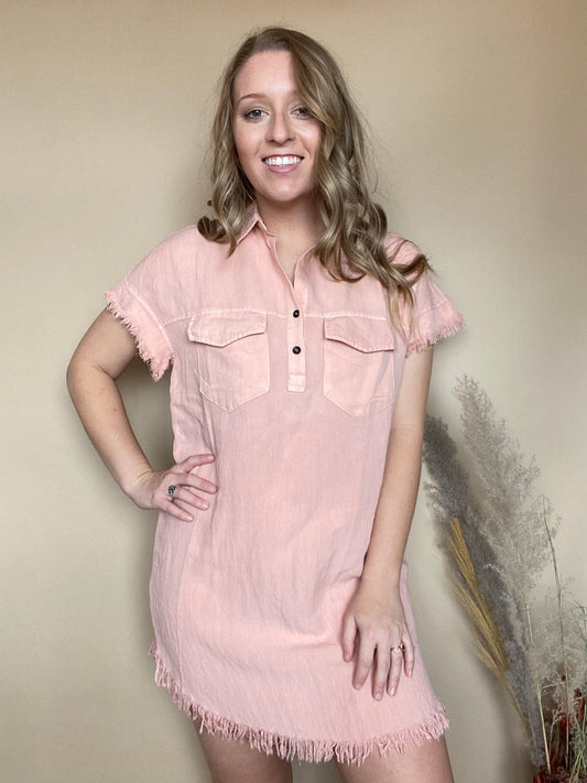 Blush Collared Frayed Dress