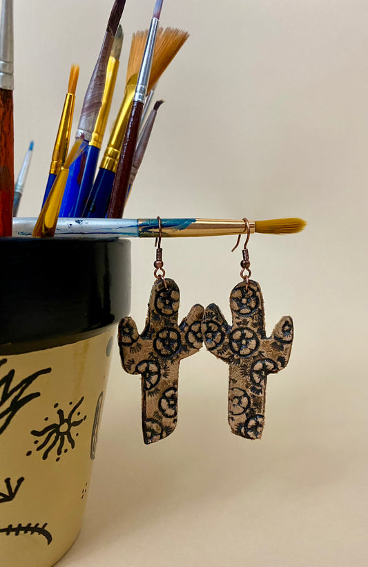 Leather Tooled Cactus Earrings