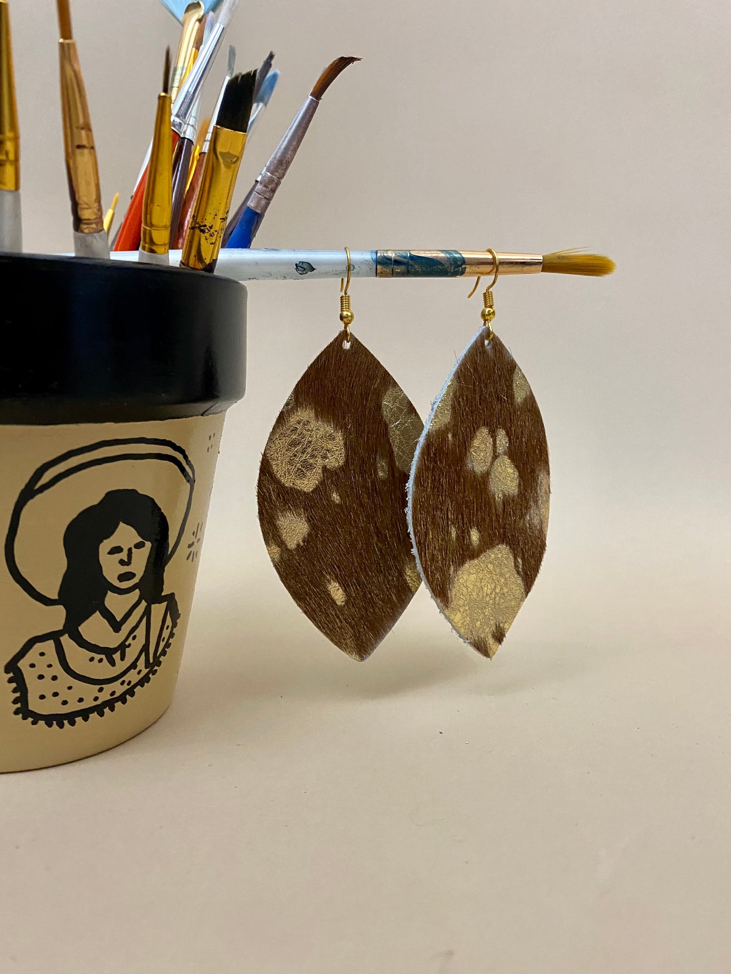 Tan and Gold Leather Hide Earrings