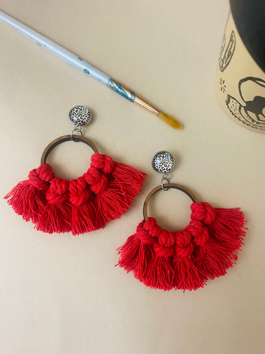 Leopard and red macrame hoops