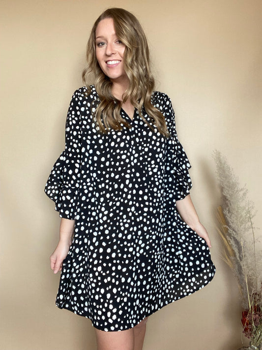 Umgee Dalmatian Print Layered Ruffle Sleeve Dress