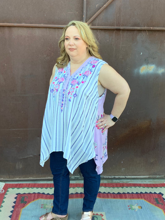 Blue Stripes & Flowers Sleeveless Plus Top - The Desert Paintbrush