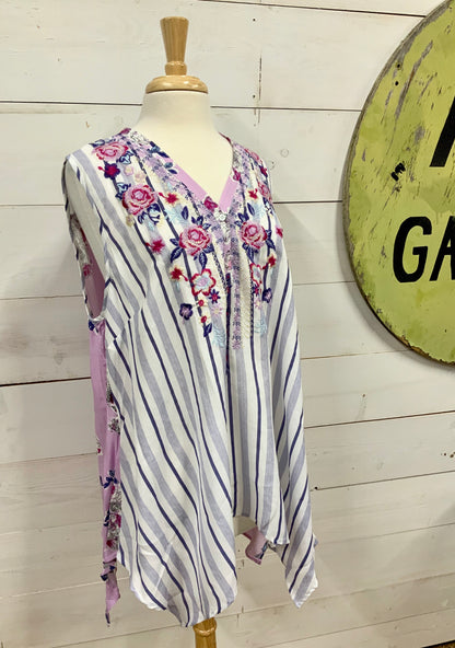 Blue Stripes & Flowers Sleeveless Plus Top - The Desert Paintbrush